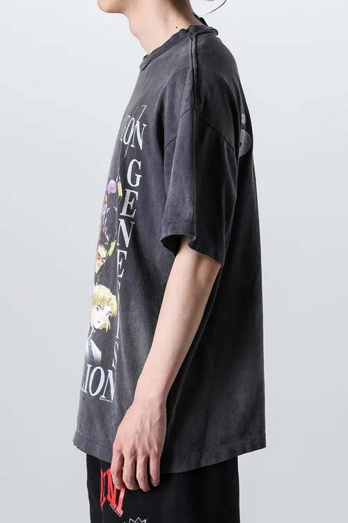 SAINT Mxxxxxx × EVANGELION NEON GNSIS TEE/BLK co-branded Neon Genesis Evangelion distressed short-sleeves, washed black S-XL, vintage NEW VINTAGE, top printing technology, garment dyeing, re-washed, distressed, correct co-branded main mark/washing mark